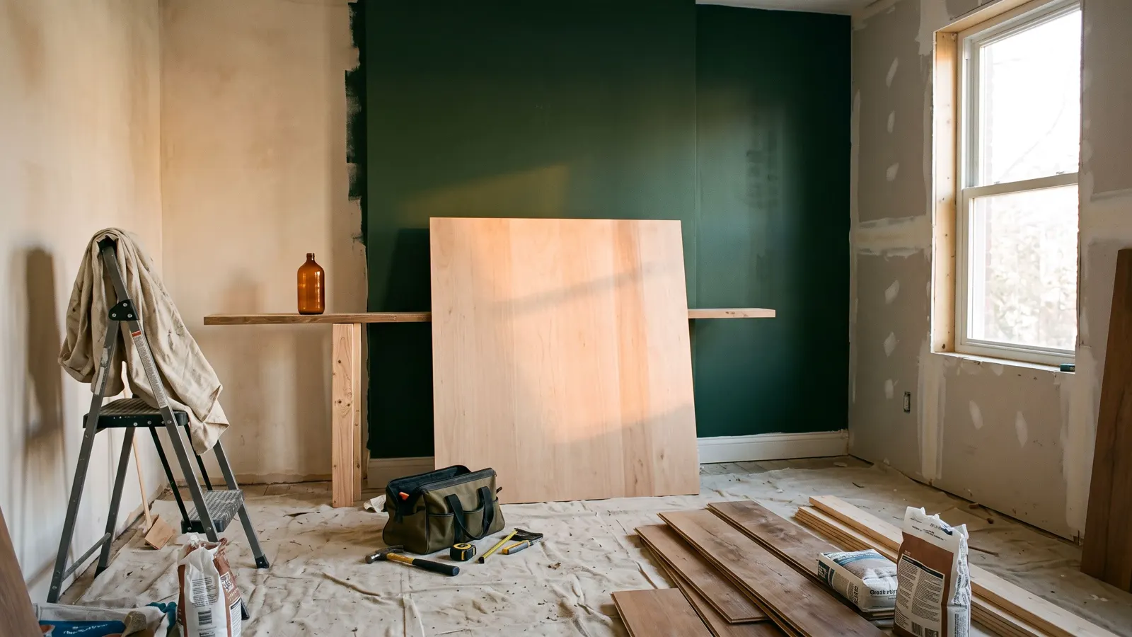 A half-finished interior room mid-renovation, tools set down, daylight from one window, reflected light bouncing warm off a pale wall.