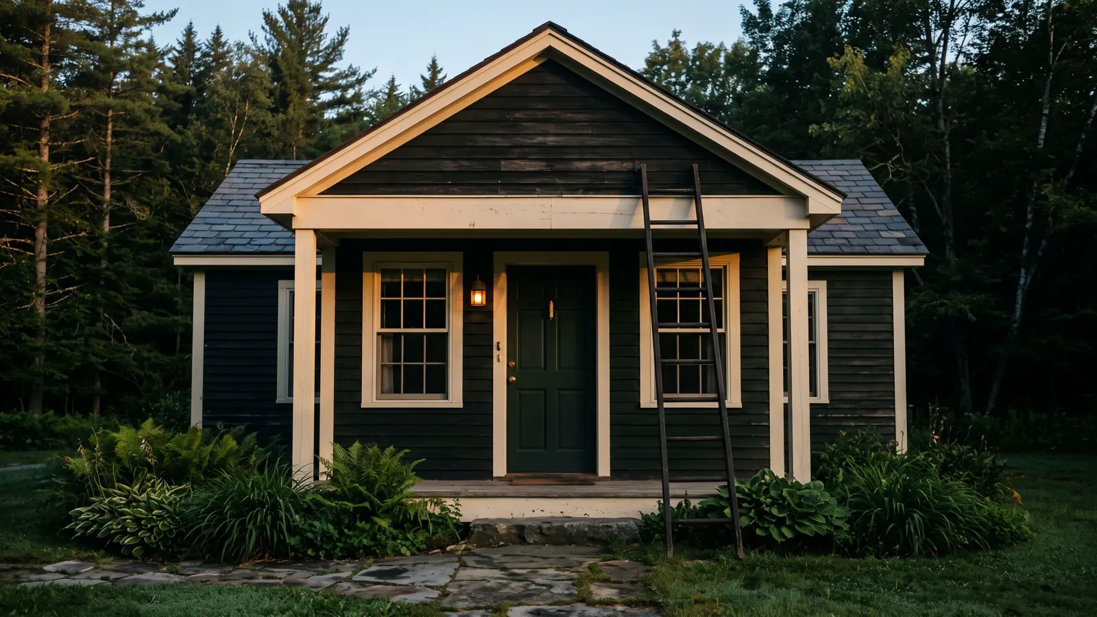 A quiet house front at first light, seen head on, a ladder resting against the porch, low golden-hour light raking across the surfaces.