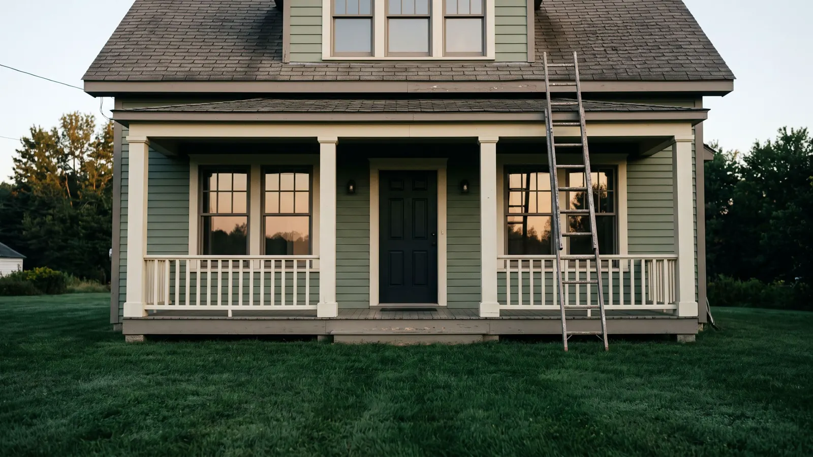 A quiet house front at first light, seen head on, a ladder resting against the porch, an open, uncluttered middle distance with one clear subject.