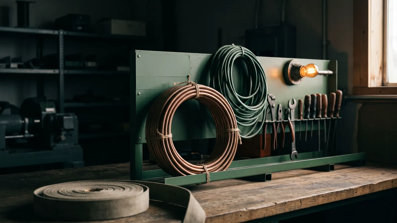 A copper pipe, coiled cable and hand tools racked in order on a bench, early morning, depth from a foreground object slightly out of focus.