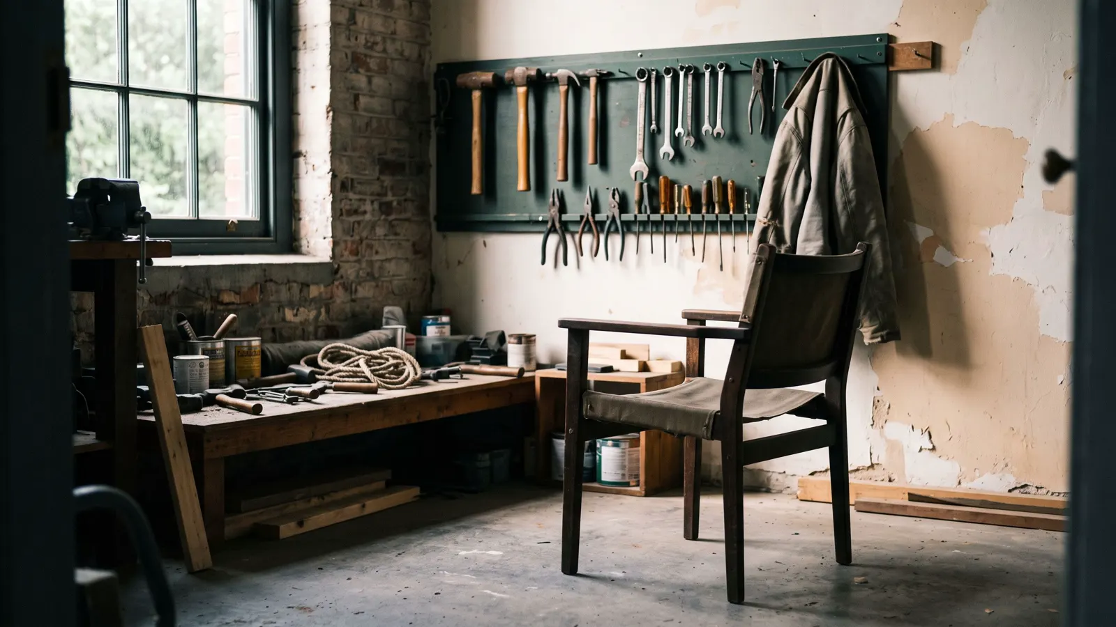 A small contractor's back room with hand tools on a peg rail and an empty chair, reflected light bouncing warm off a pale wall.