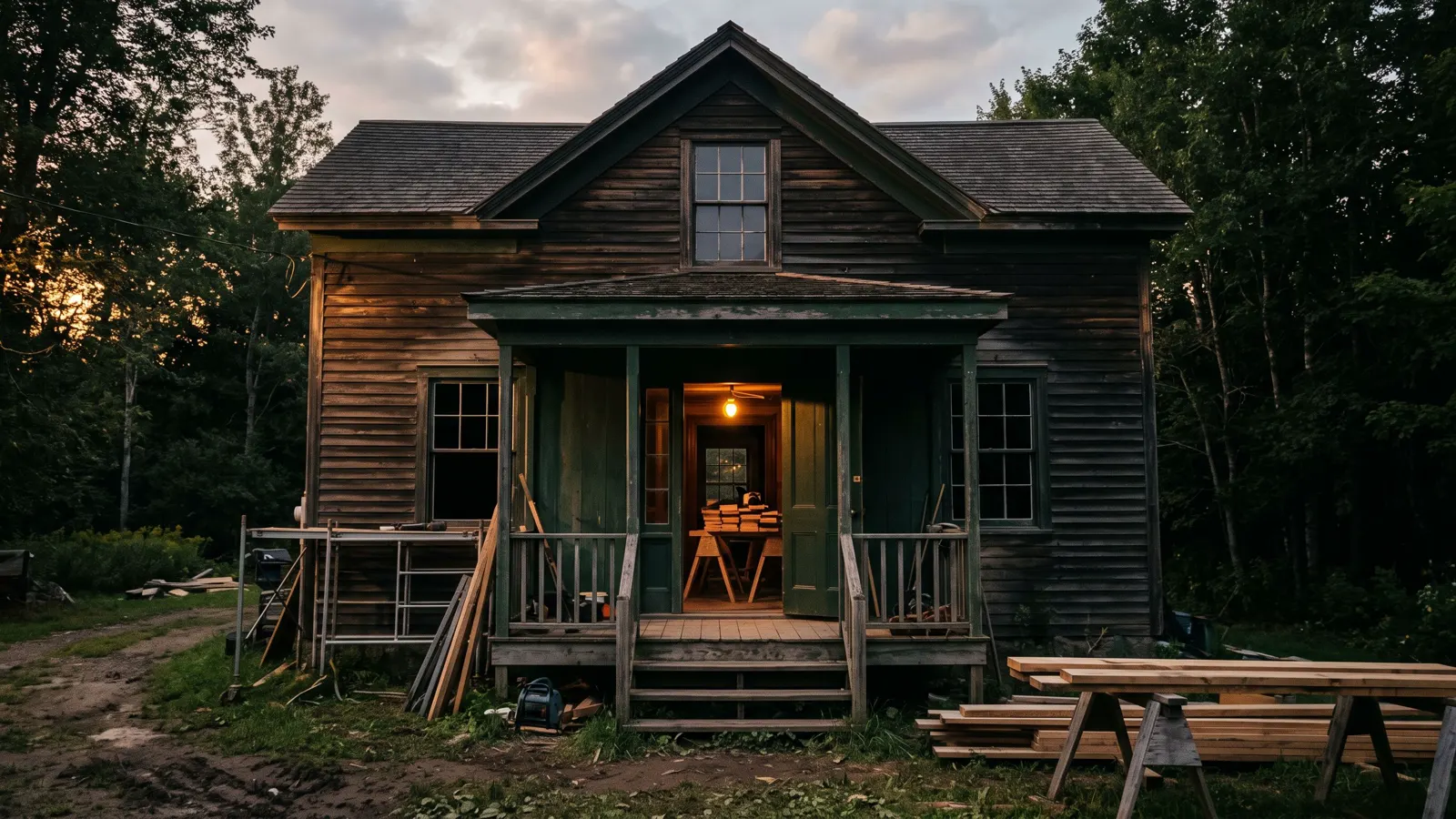 An older house under restoration in Aiken, SC, trestles and stacked timber through an open front door.