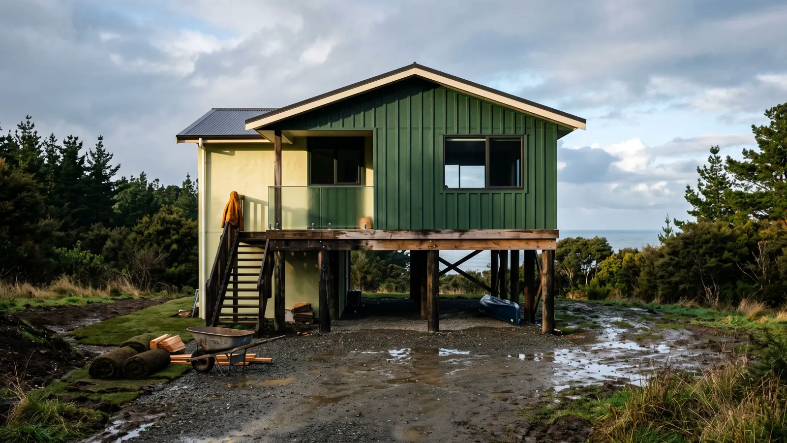 A raised coastal house after weather in Barnegat, NJ, rolled turf and a barrow on the verge.