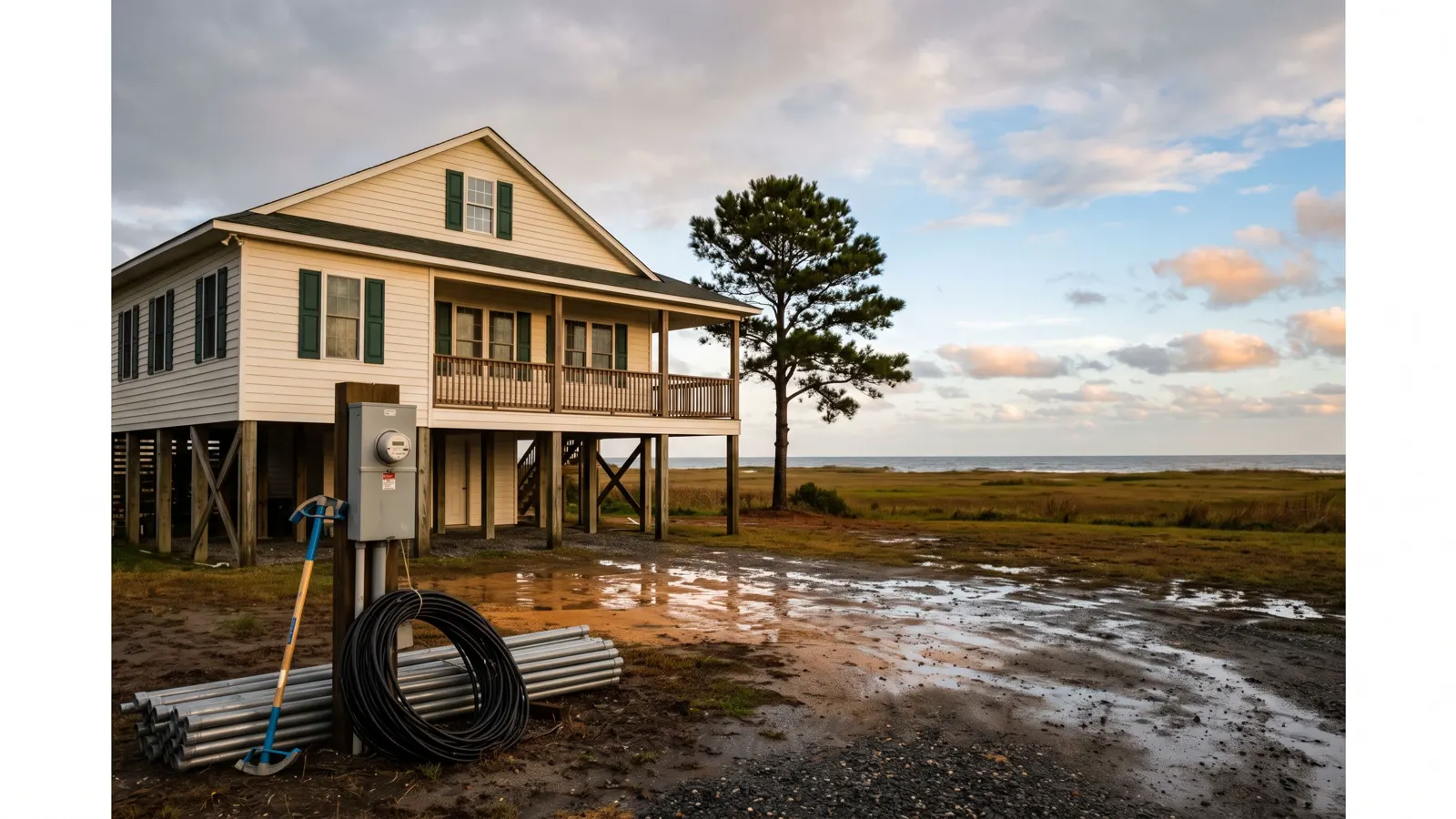 A raised coastal house after weather in Brick, NJ, coiled cable and a conduit bender by the meter box.