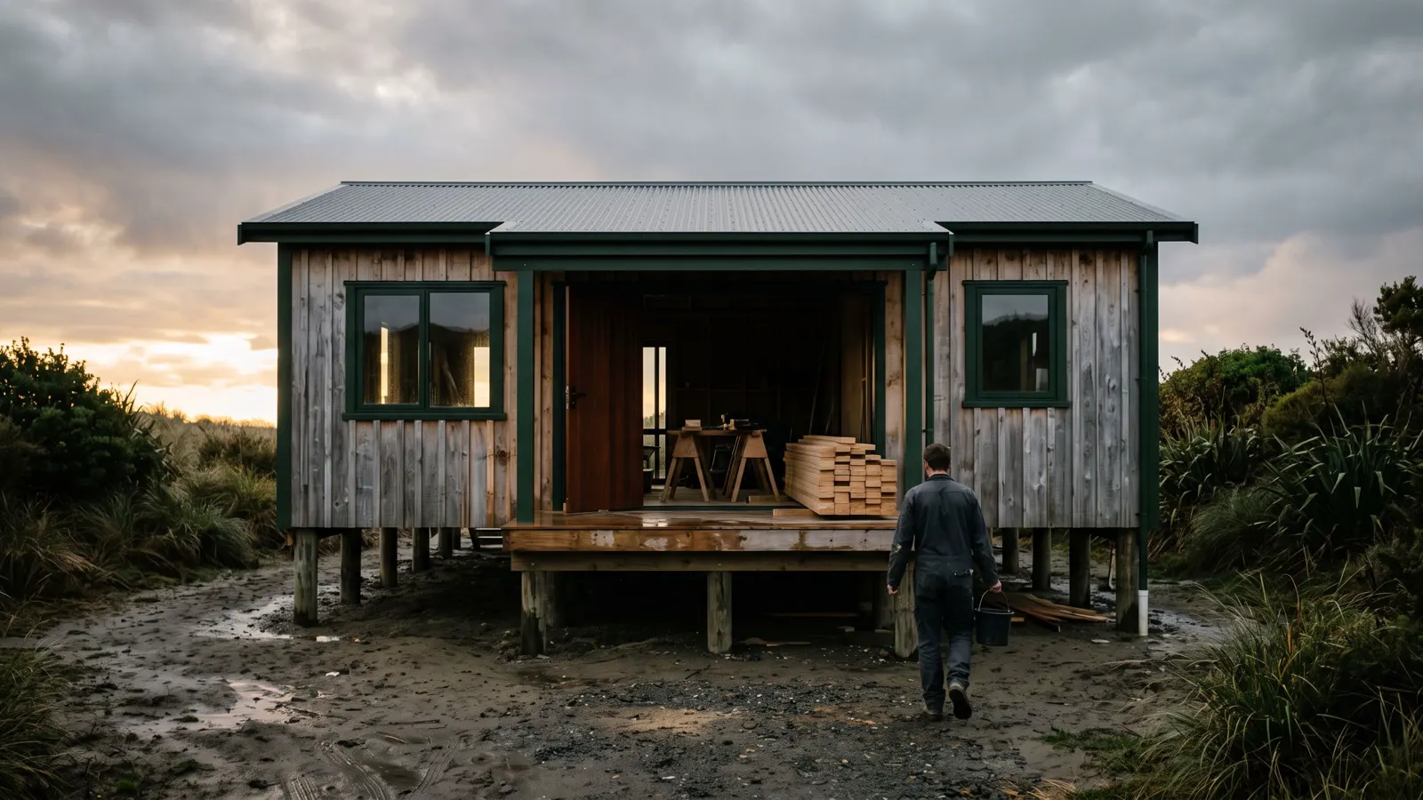 A raised coastal house after weather in Cold Spring Harbor, NY, trestles and stacked timber through an open front door.