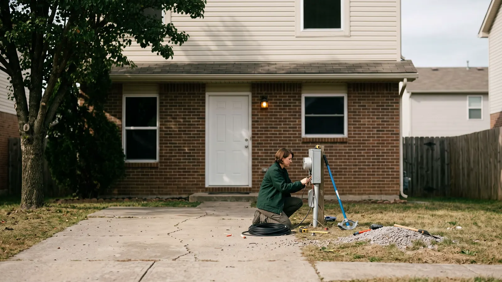 An ordinary suburban house with work under way in Colts Neck, NJ, coiled cable and a conduit bender by the meter box.