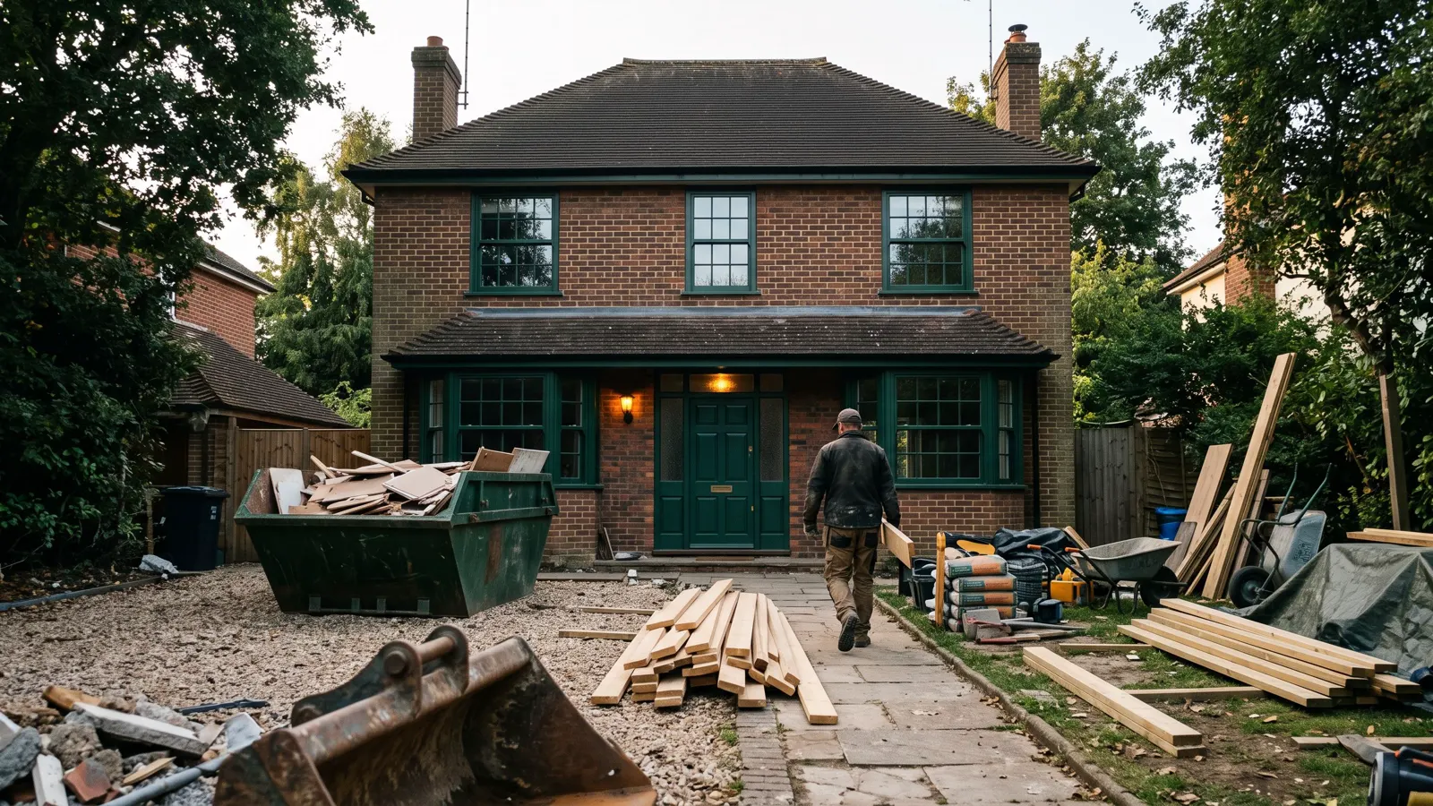 An ordinary suburban house with work under way, typical of Columbia, SC.