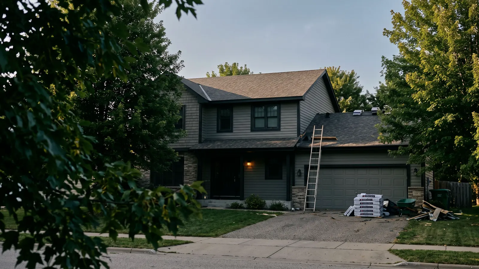 An ordinary suburban house with work under way in Commack, NY, bundles of shingles stacked on the drive and a ladder to the eaves.