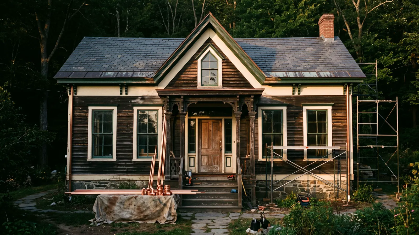 An older house under restoration in Decatur, GA, lengths of copper and a stack of fittings by the step.