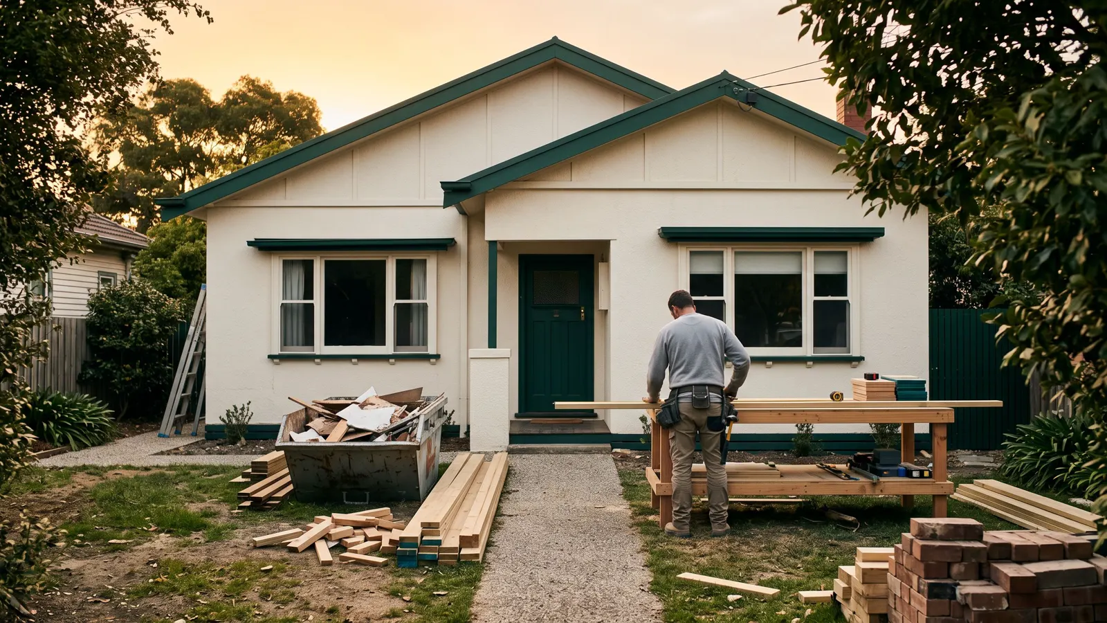 An ordinary suburban house with work under way in Dix Hills, NY, a skip, cut offcuts and stacked material along the path.