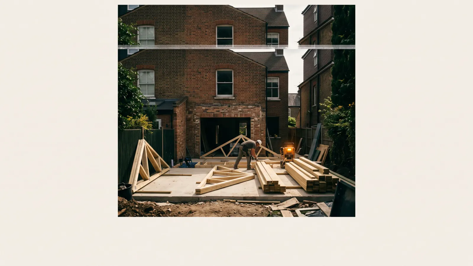 The back of a house, its garden half finished in Evans, GA, framing timber and roof trusses laid out on a slab.