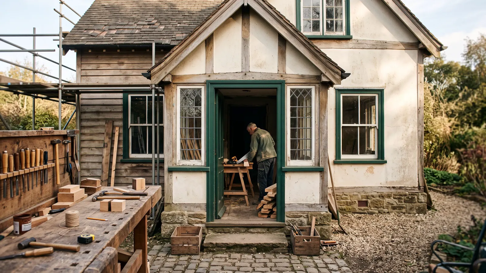 An older house under restoration in Freehold, NJ, trestles and stacked timber through an open front door.