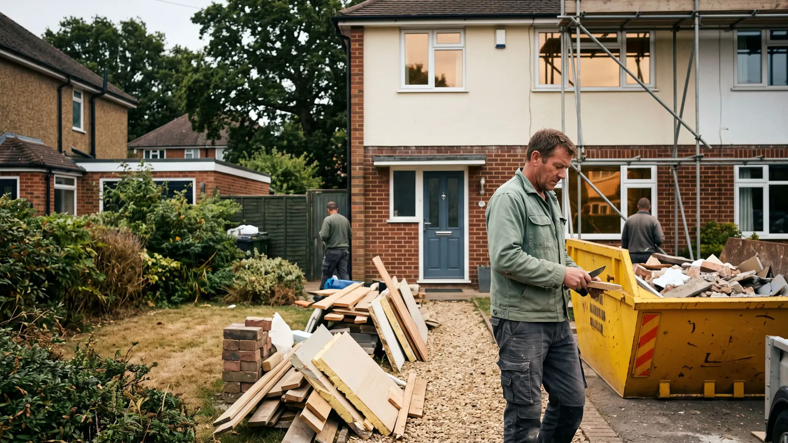 An ordinary suburban house with work under way in Greer, SC, a skip, cut offcuts and stacked material along the path.