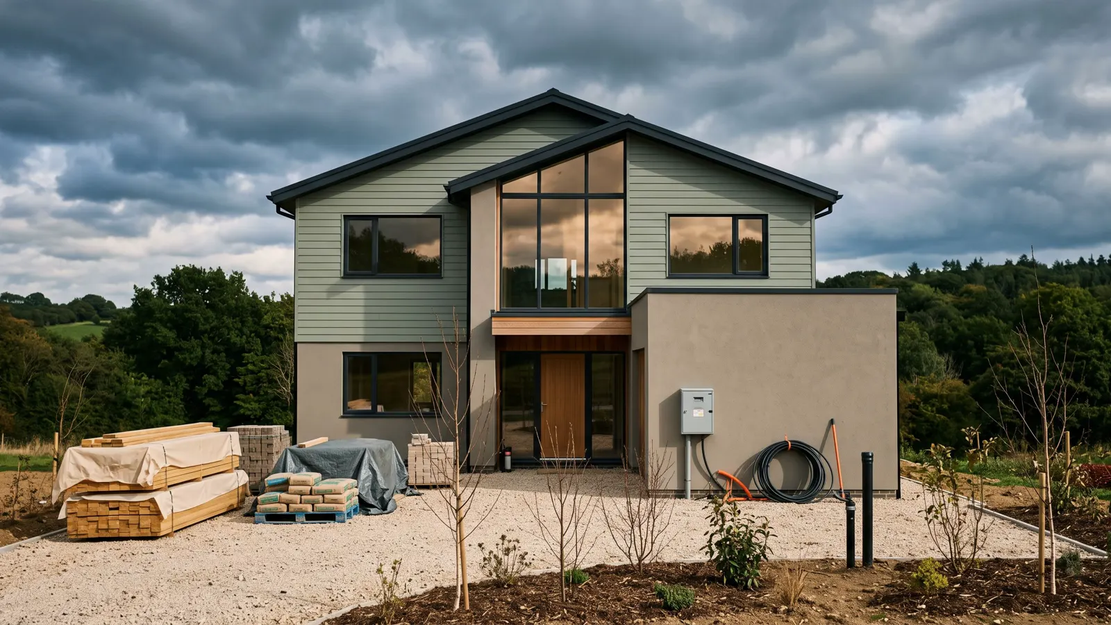 A newly built house with bare young planting in Grovetown, GA, coiled cable and a conduit bender by the meter box.