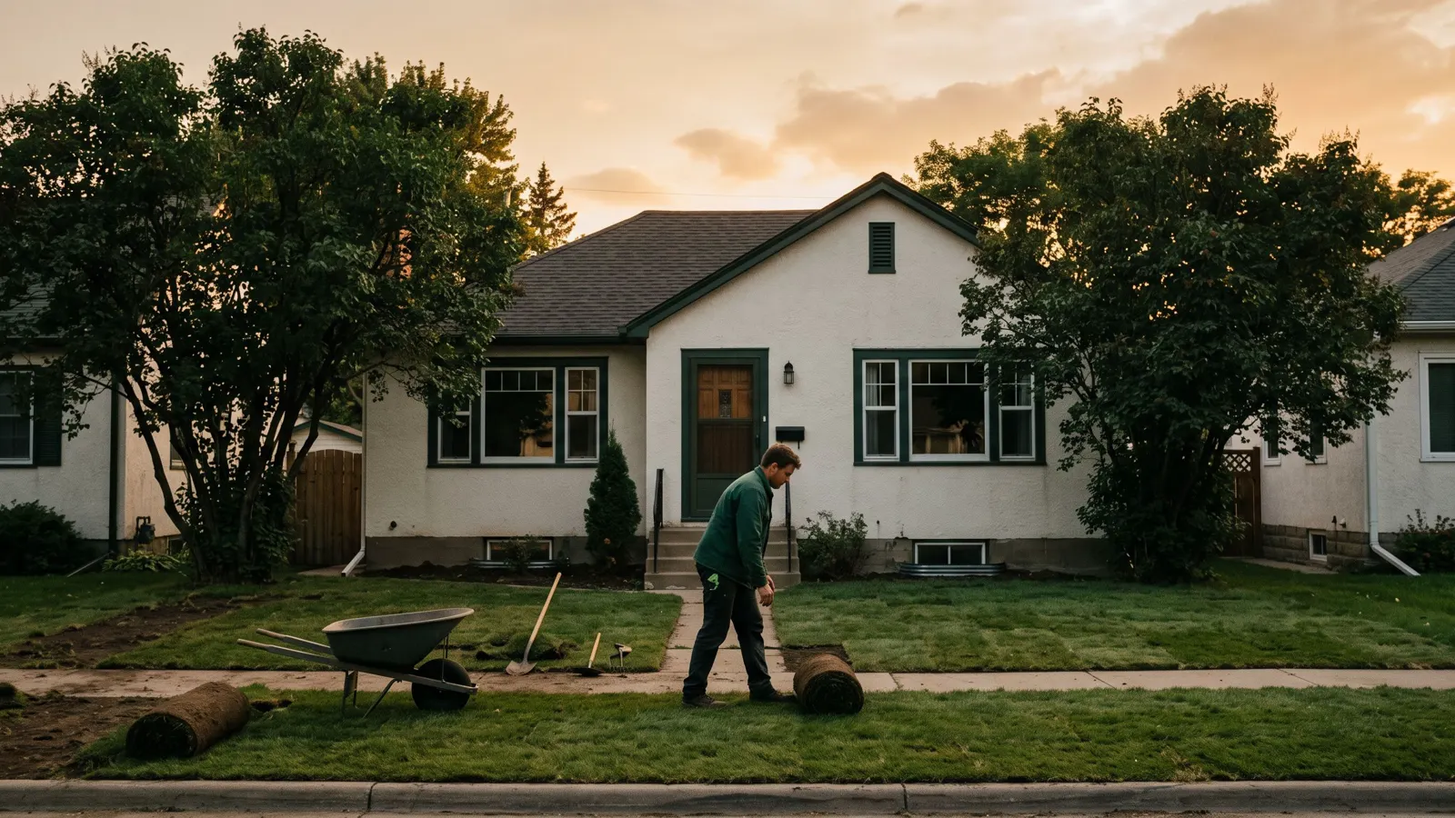 A settled suburban house under grown-in trees in Howell, NJ, rolled turf and a barrow on the verge.