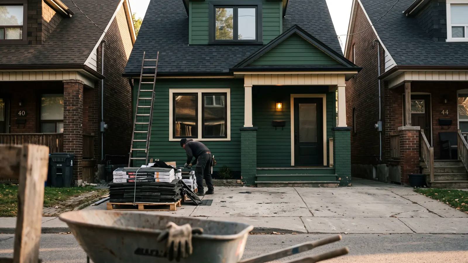 A house on a close-set street in Huntington Station, NY, bundles of shingles stacked on the drive and a ladder to the eaves.