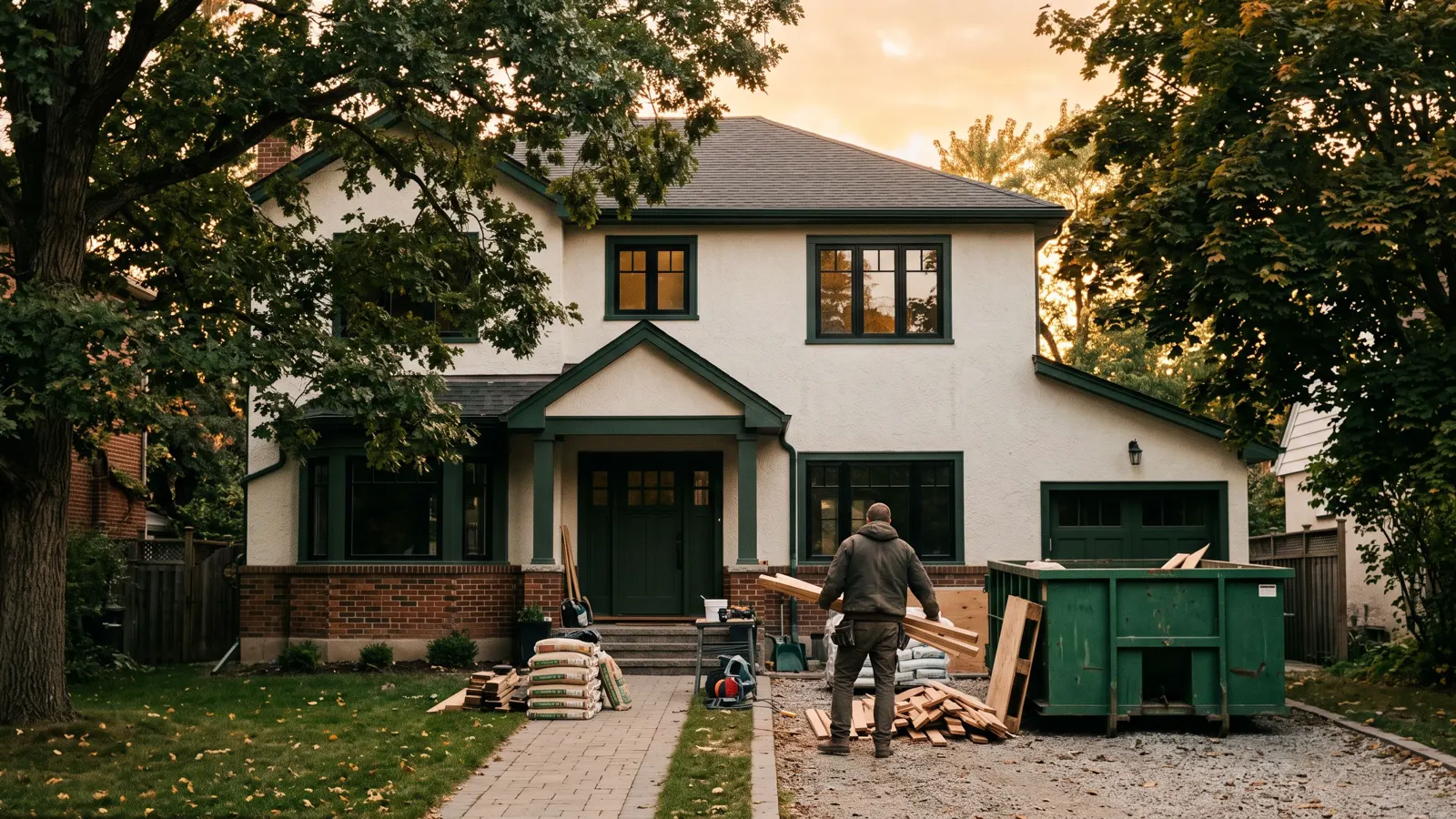 A settled suburban house under grown-in trees in Irmo, SC, a skip, cut offcuts and stacked material along the path.