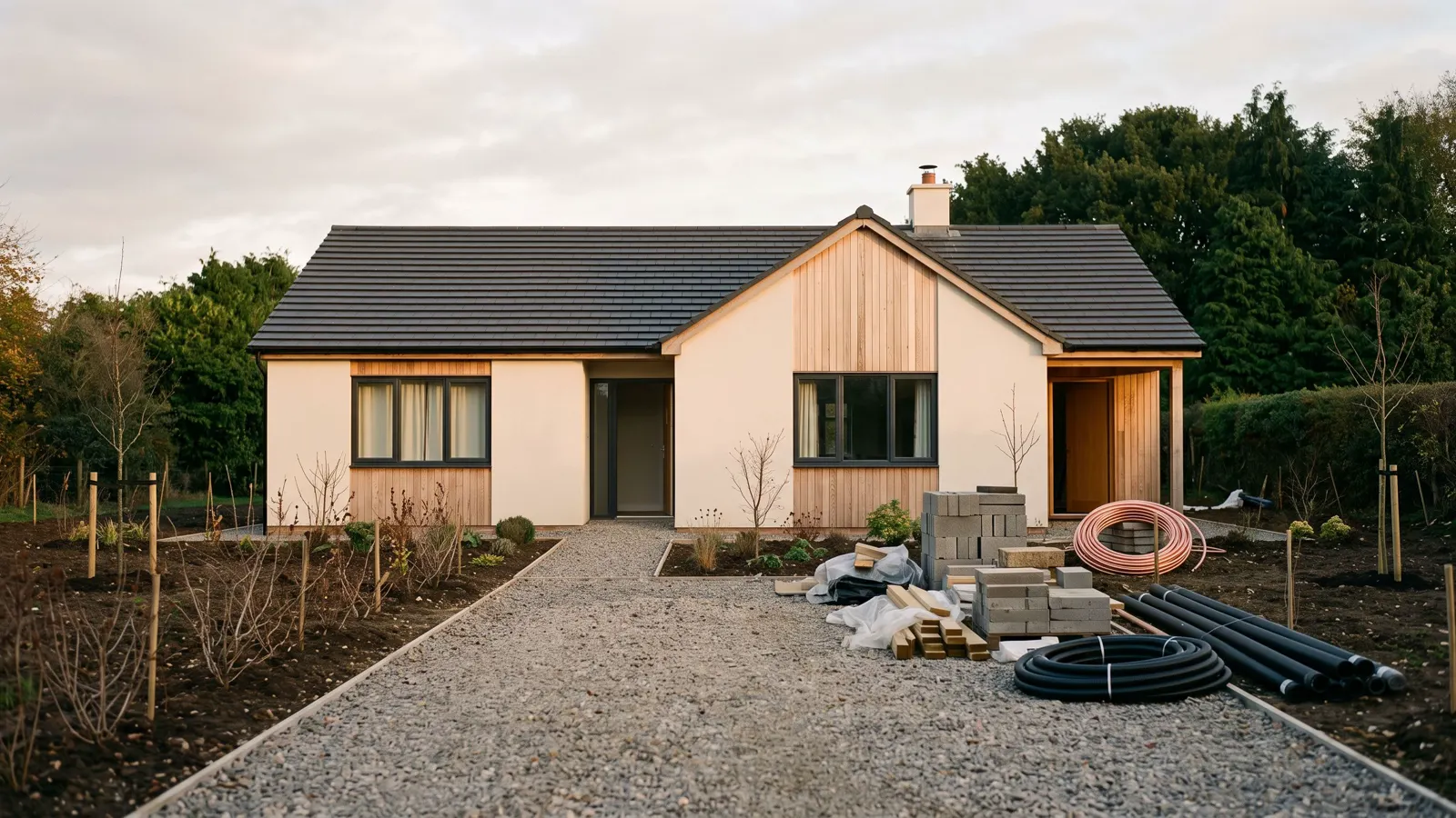 A newly built house with bare young planting in Lakewood, NJ, new ducting and a coil of copper by an open side door.