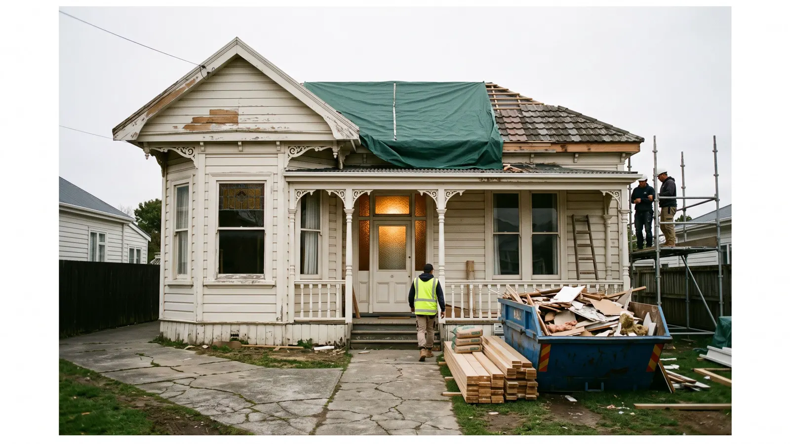 An older house under restoration in Marietta, GA, a skip, cut offcuts and stacked material along the path.