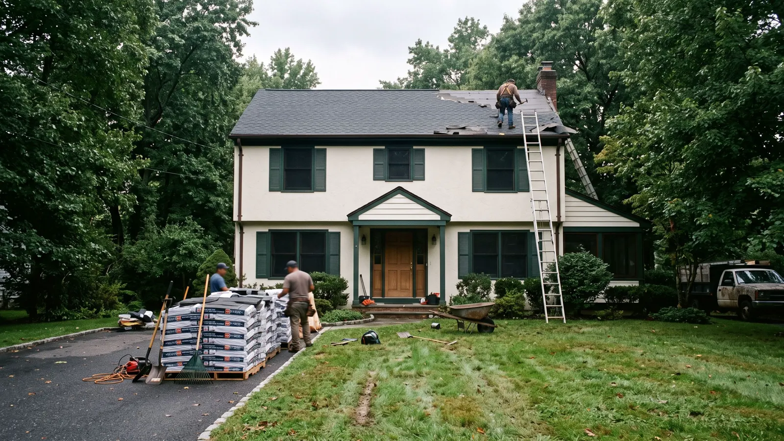 A settled suburban house under grown-in trees in Martinez, GA, bundles of shingles stacked on the drive and a ladder to the eaves.