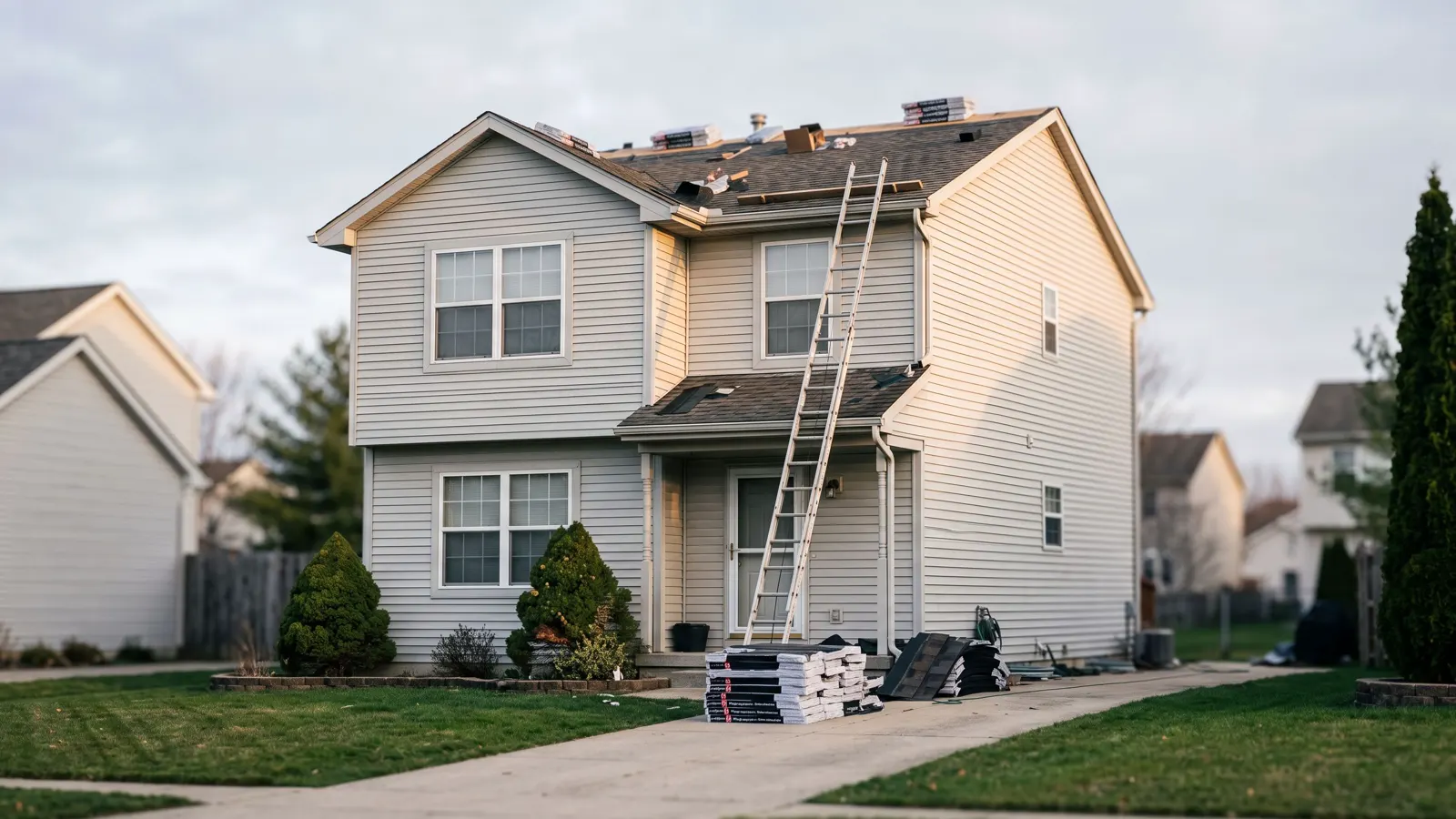 An ordinary suburban house with work under way in Mauldin, SC, bundles of shingles stacked on the drive and a ladder to the eaves.