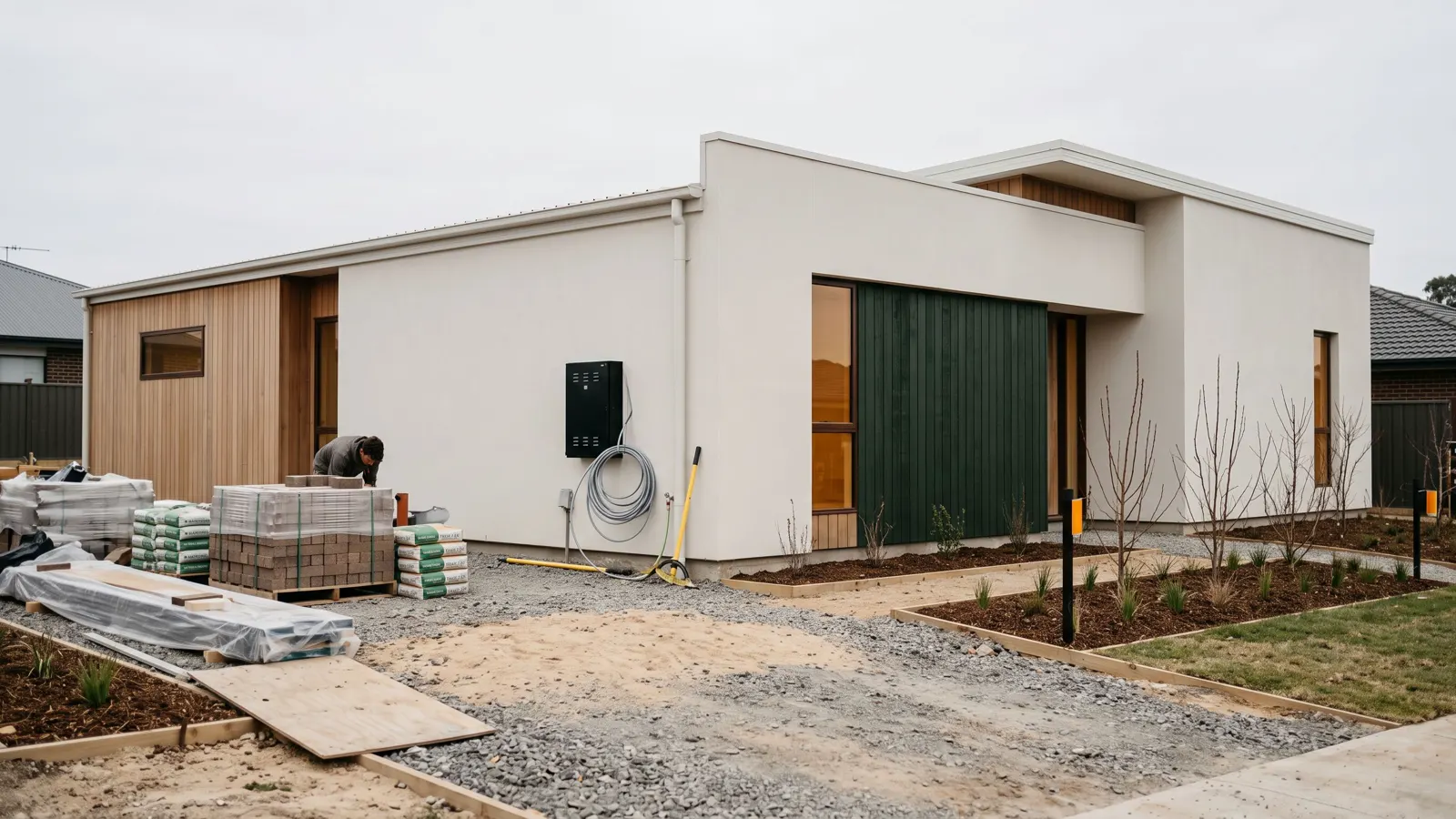 A newly built house with bare young planting in Melville, NY, coiled cable and a conduit bender by the meter box.