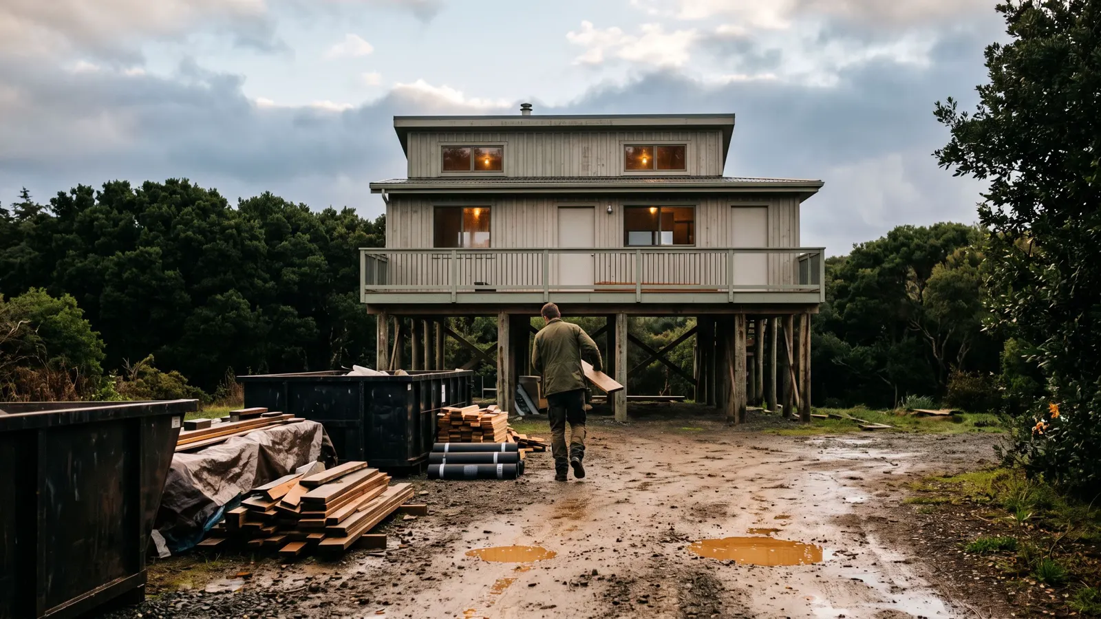 A raised coastal house after weather in Middletown, NJ, a skip, cut offcuts and stacked material along the path.
