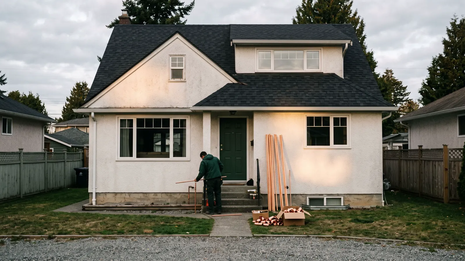 An ordinary suburban house with work under way in North Augusta, SC, lengths of copper and a stack of fittings by the step.