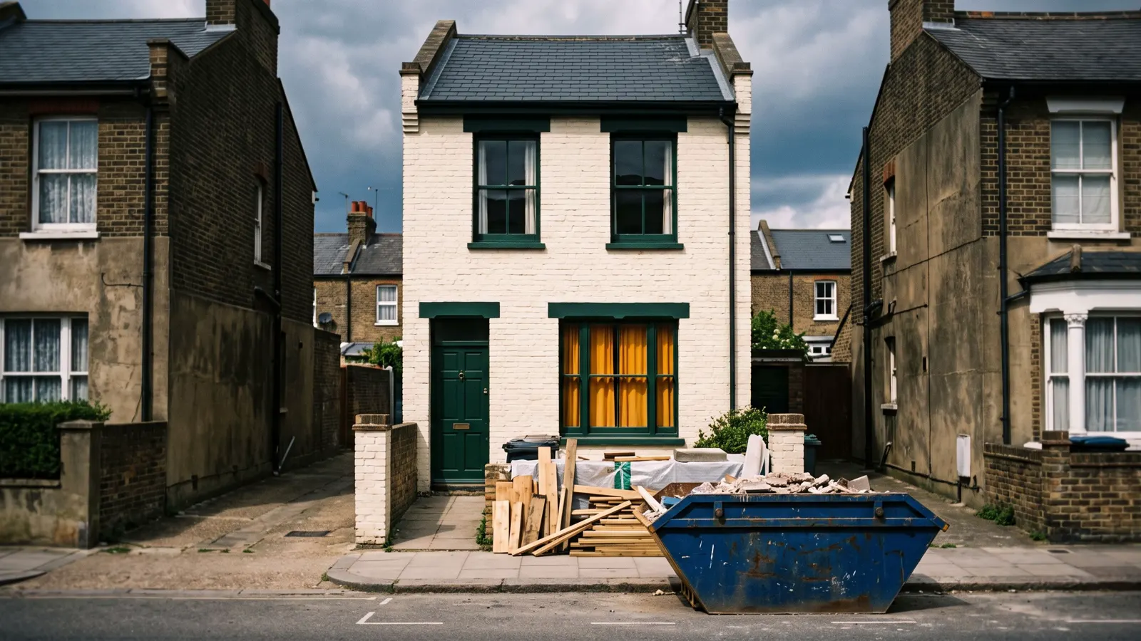 A house on a close-set street in Northport, NY, a skip, cut offcuts and stacked material along the path.
