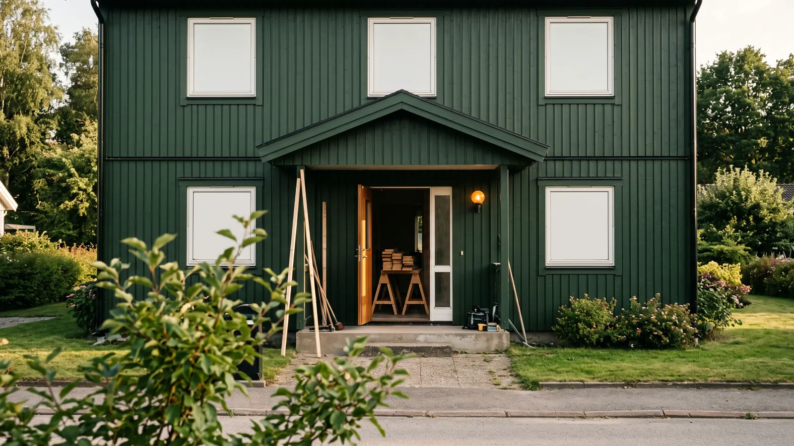 An ordinary suburban house with work under way in Sandy Springs, GA, trestles and stacked timber through an open front door.