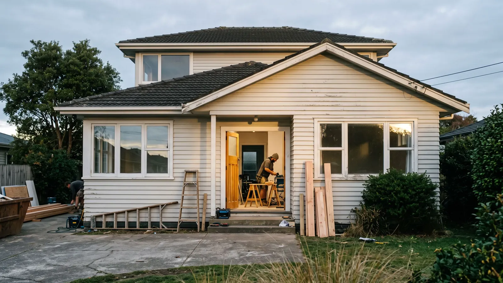 An ordinary suburban house with work under way in Taylors, SC, trestles and stacked timber through an open front door.