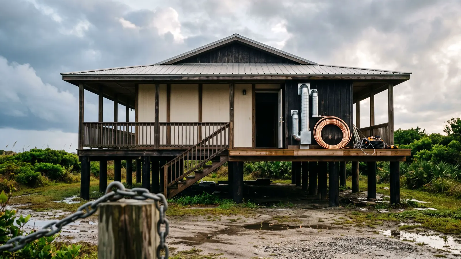 A raised coastal house after weather in Toms River, NJ, new ducting and a coil of copper by an open side door.