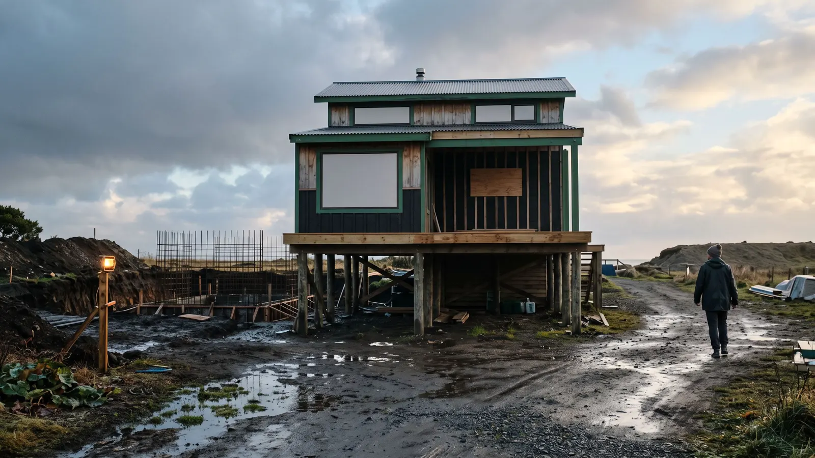 A raised coastal house after weather in Wall, NJ, excavated ground and tied rebar behind the house.