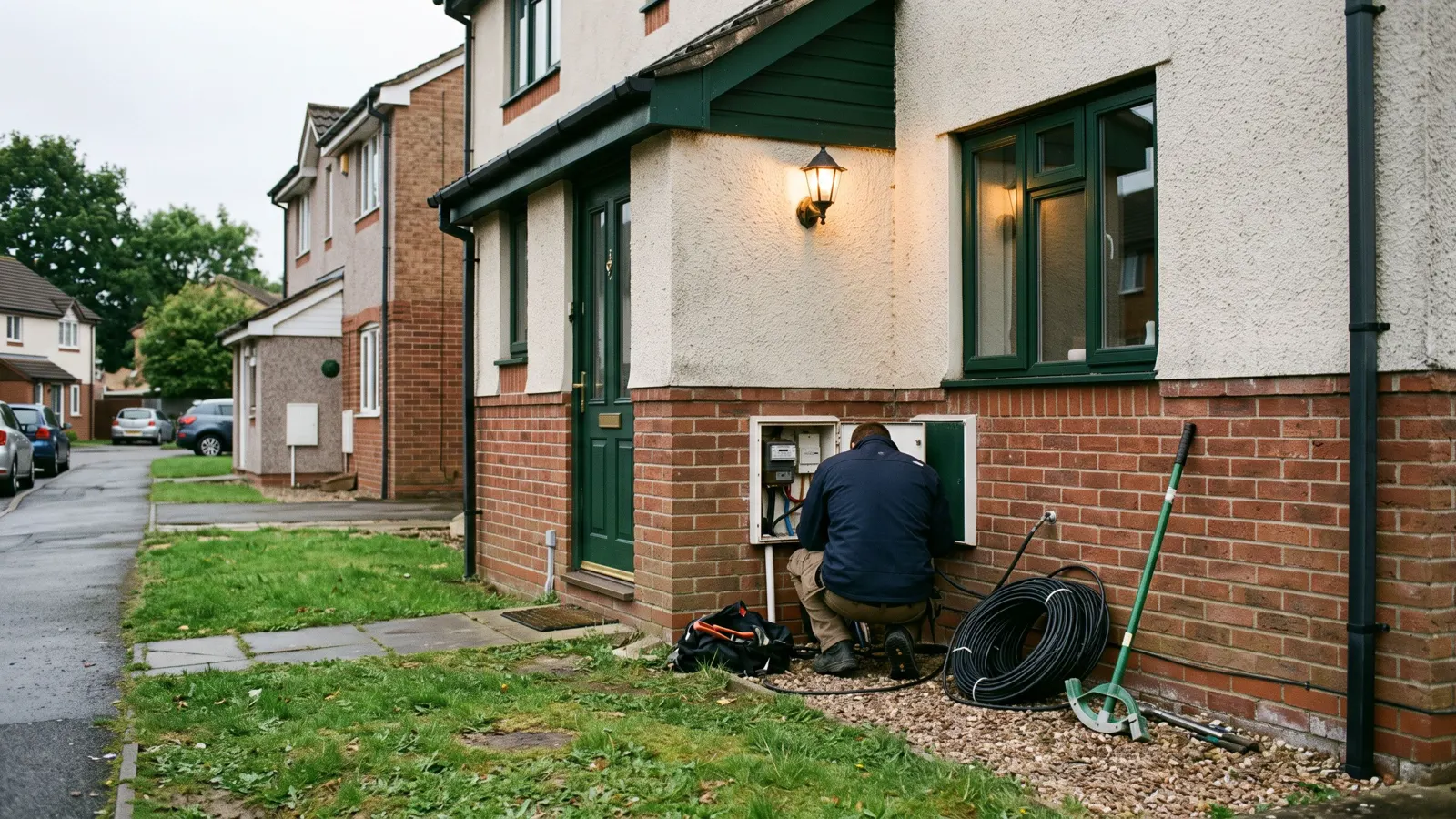 An ordinary suburban house with work under way in West Columbia, SC, coiled cable and a conduit bender by the meter box.